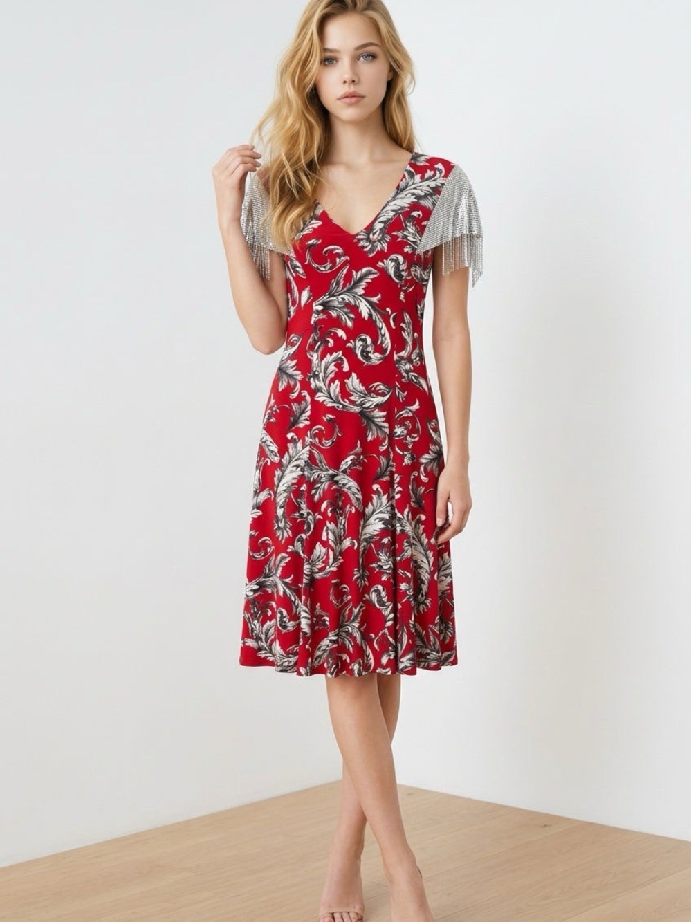 J.W. Anderson Red Printed Midi Dress with Silver Short Sleeves